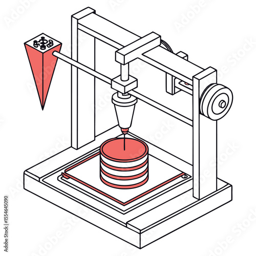 3D printer creating object vector illustration on a white background, for additive manufacturing.