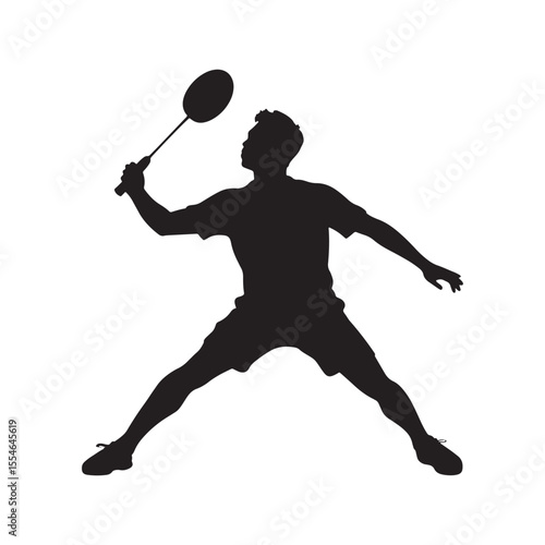 Silhouette of badminton player in action with racket, sportsman hitting shuttlecock vector artwork.