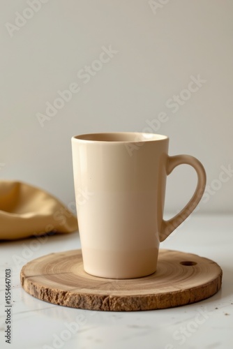 Beige Ceramic Mug on Wooden Coaster
