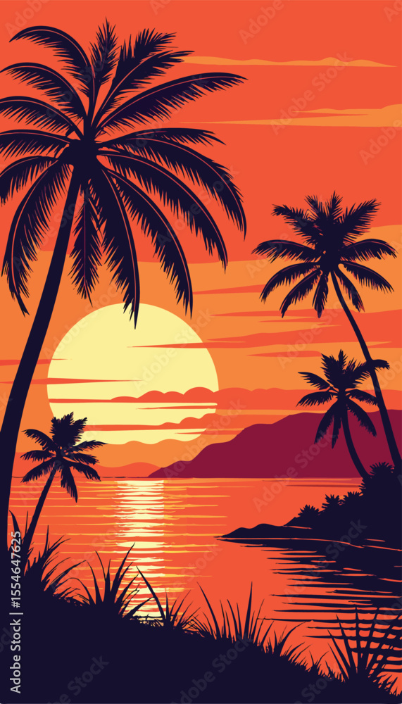 Stunning Tropical Sunset Beach with Palm Trees Stunning Tropical Sunset Beach with Palm Trees