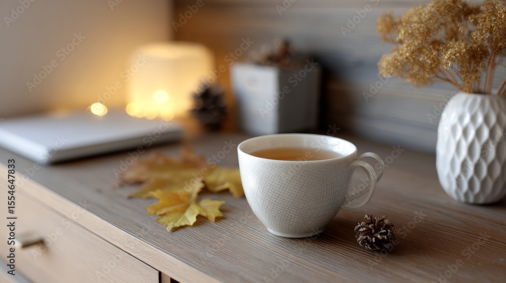 Fototapeta premium Cozy home office with warm lighting, tea, and autumn decor for seasonal productivity