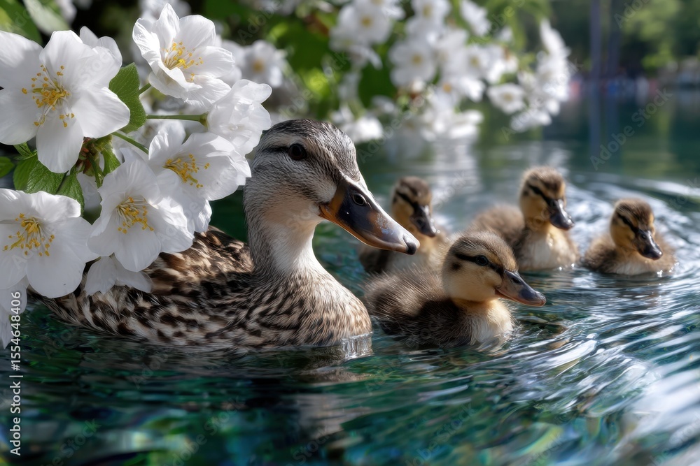 Fototapeta premium Mother duck and her ducklings swimming among flowers in serene water landscape