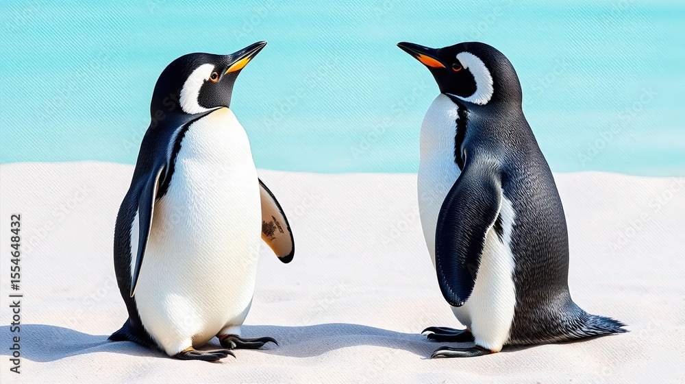 Obraz premium Two penguins stand on a white sand beach facing each other, with a turquoise sea background. Ideal for nature photography, wildlife documentaries, or travel promotions.