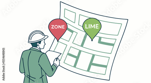 Urban Planner with City Zoning Map and Area Markers – Vector Illustration