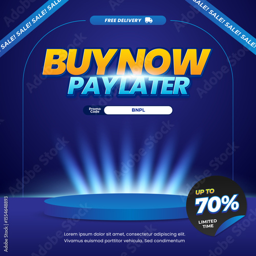 Buy Now Pay Later Shopping Sale discount deals Editable text effect with Dynamic deep Blue gradient Promotion Square banner Template