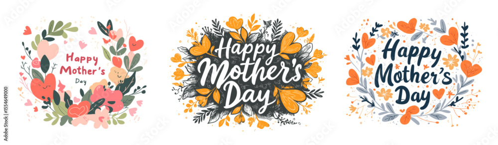 Obraz premium Happy Mothers Day greeting card set with flat floral wreath designs. Three decorative illustrations feature pastel hearts, blossoms, and leaves. Vector artwork clean lines and modern minimal style.