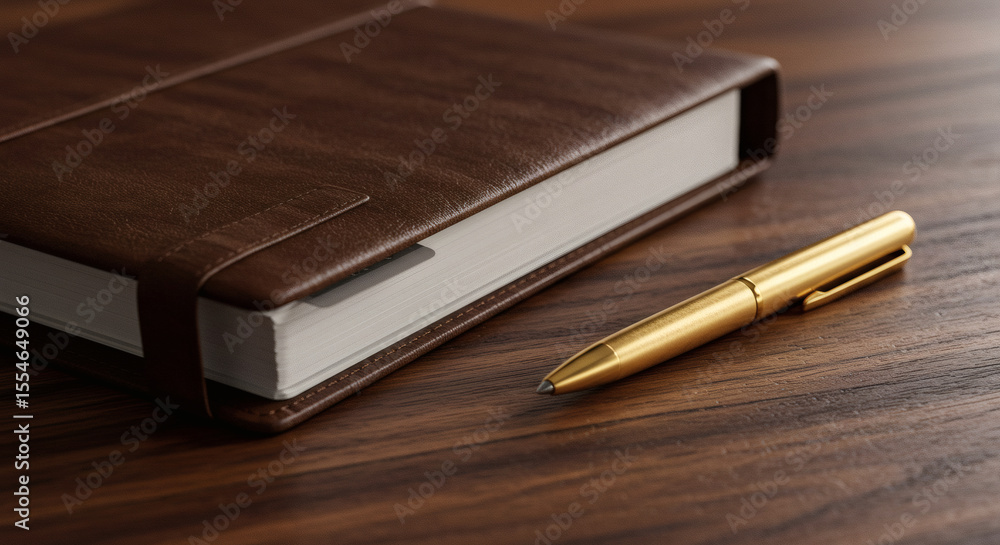Luxurious Brown Leather Notebook and Gold Pen on Wooden Desk Business Office Supplies Luxurious Brown Leather Notebook and Gold Pen on Wooden Desk Business Office Supplies