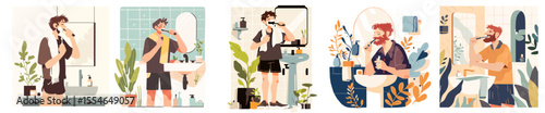 Man brushing teeth at bathroom sink with mirror. Flat vector illustration uses clean lines and soft colors. Scene shows plants, towel and toiletries.