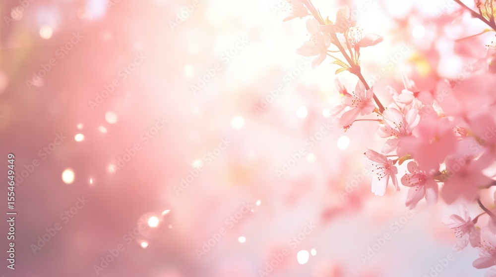 Fototapeta Soft pink cherry blossoms in bloom, sunlit, bokeh background.