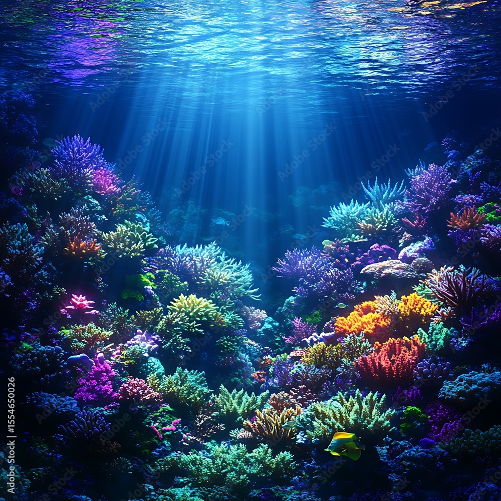Naklejka premium Vibrant undersea coral reef illuminated by radiant beams of sunlight