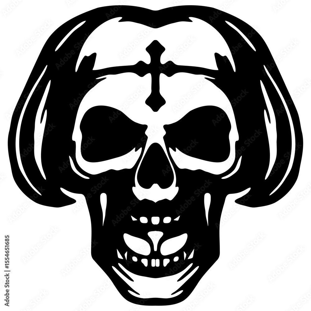 Fototapeta premium Skull with Crossed Horns Stencil - Bold Black and White Tribal Skull Vector for Tattoos, Gothic Designs, Streetwear, and Dark-Themed Artworks
