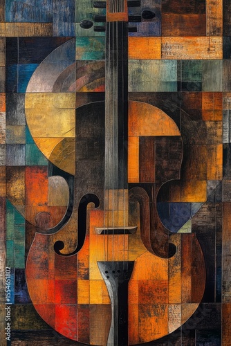 Abstract painting of a violin with geometric shapes and warm color palette.