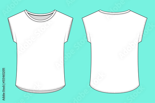 Women's Crew neck T-shirt Tops technical drawing fashion flat sketch template outline CAD mockup front and back views.