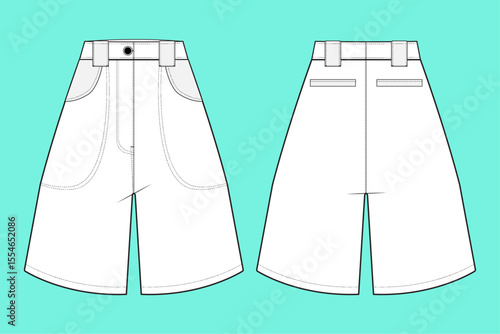 Wide leg Denim Shorts technical drawing fashion flat sketch CAD mockup.