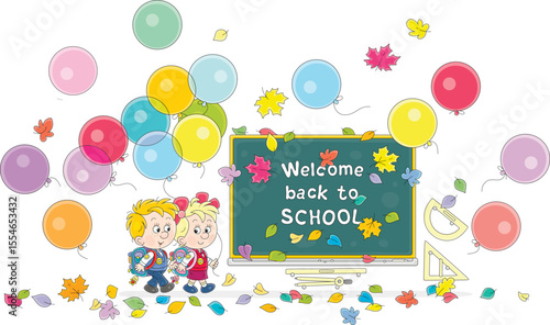 Happy little schoolboy and schoolgirl with schoolbags and holiday balloons going to school among colorful autumn leaves, vector cartoon illustration on a white background