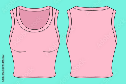 Ladies Crop Tank Top technical drawing flat sketch CAD mockup.