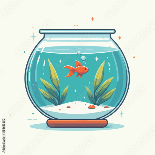 image of a small aquarium with one goldfish in it with a simple and minimalist flat design using a white background