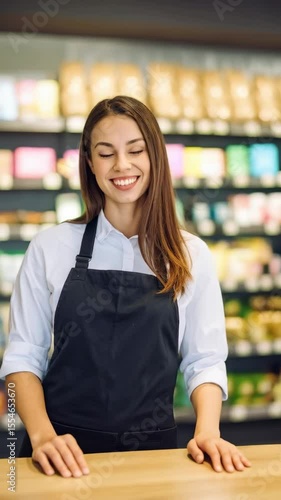 Cheerful woman in apron smiling at the counter of a grocery store with shelves full of products, ready to assist customers and promote sales