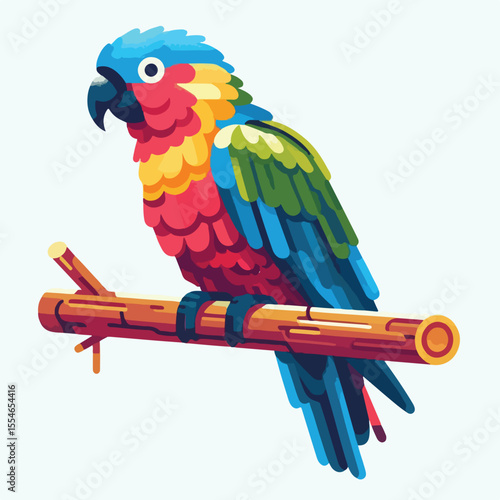 colorful parrot image perched on a wooden branch with a simple and minimalist flat design using a white background