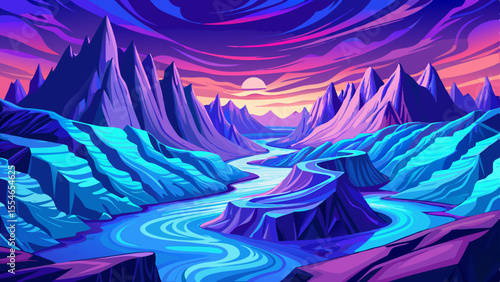 Polar Region Rugged arctic coastline with ice floes under cold blue hues at twilight, Simple cartoon design Flat style vector illustration, beautiful purple sky