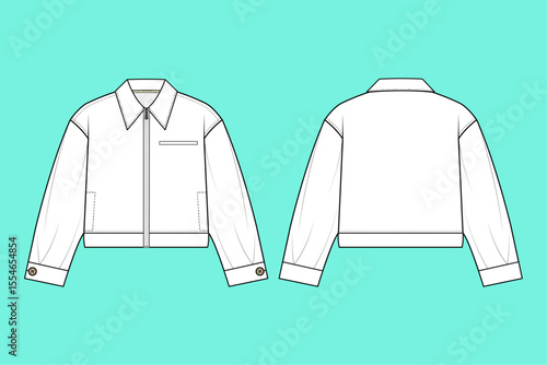 Ladies Black and White Crop outerwear Jacket flat sketch fashion illustration template CAD mockup.