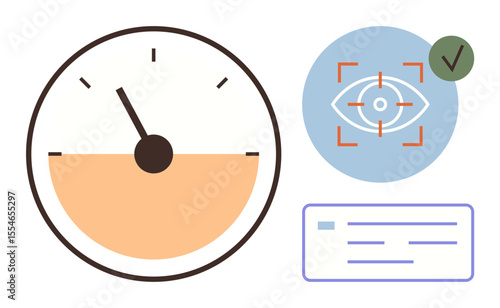 Speedometer with pointer, eye recognition with a check mark, and a form symbolize speed, accuracy, security, and identity confirmation. Ideal for productivity, biometric access, authentication
