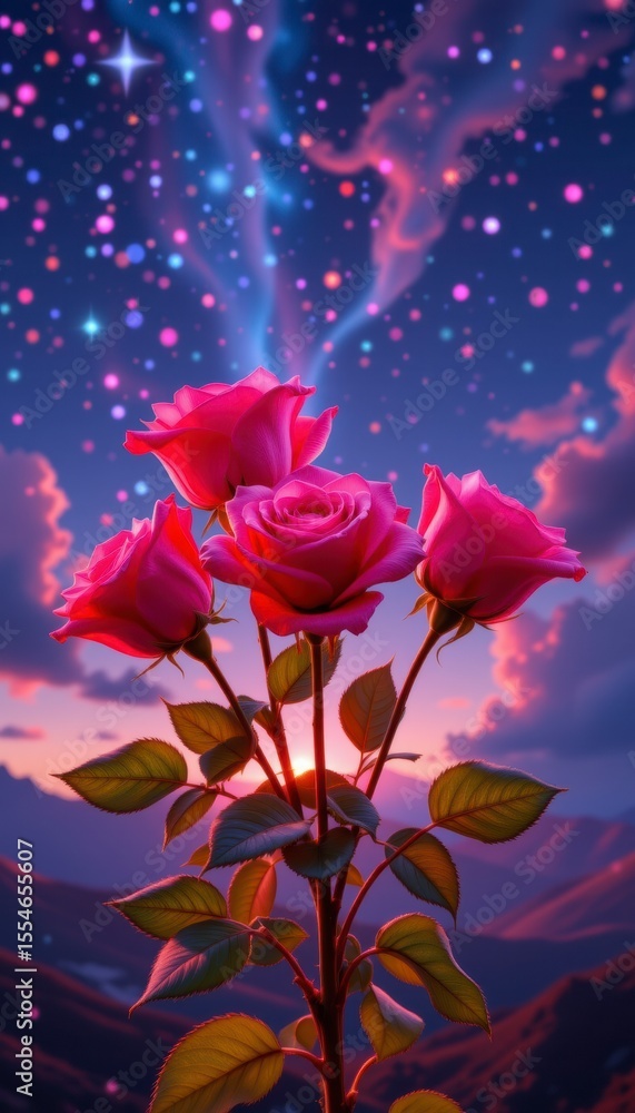 Obraz premium Pink Roses at Sunset with a Sparkling Night Sky and Mountains