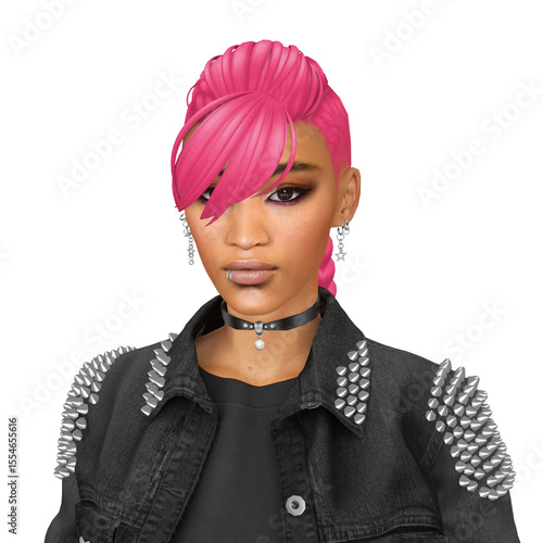 Slika na platnu A beautiful queer, deviant woman with rebelious pink hair, wearing cool leather