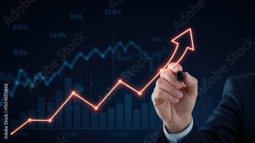 Hands Drawing a Rising Trend Graph with Financial Indicators