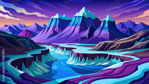 Polar Region Rugged arctic coastline with ice floes under cold blue hues at twilight, Simple cartoon design Flat style vector illustration, beautiful purple sky