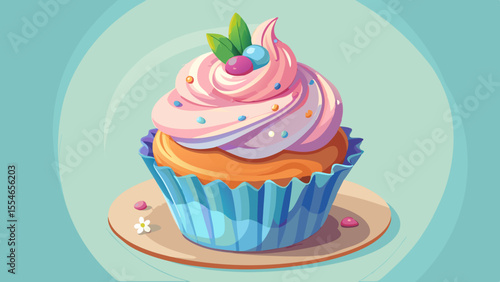A beautifully frosted cupcake sits in the center of a pastel background. The icing is swirled perfectly, topped with colorful sprinkles and a tiny edible flower. A soft white napkin lies beneath it, w