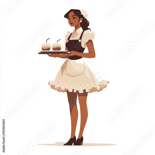 a caf server in ruffle dress and apron holding tray