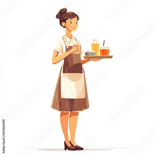 a caf server in ruffle dress and apron holding tray