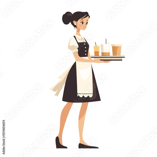 a caf server in ruffle dress and apron holding tray