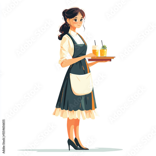 a caf server in ruffle dress and apron holding tray