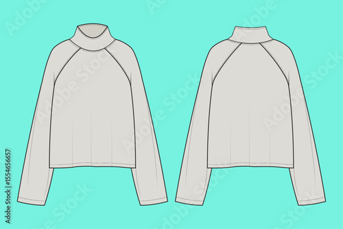 Ladies Raglan sleeve High neck Crop sweater apparel flat sketch fashion illustration template CAD mockup.