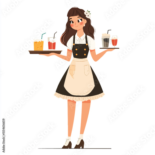 a caf server in ruffle dress and apron holding tray
