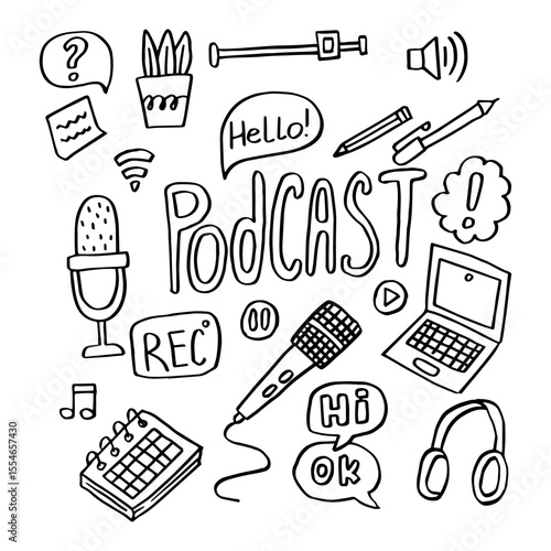Podcast doodle illustration set. Vector illustration