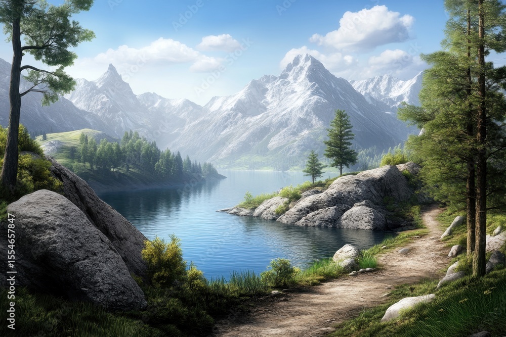 Obraz premium Mountain lake surrounded by trees and rocky terrain on a clear day with clouds
