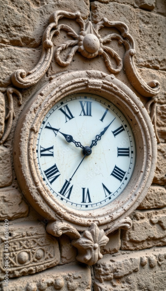 Antique Beige Wall Clock on Stone Wall Antique Beige Wall Clock on Stone Wall