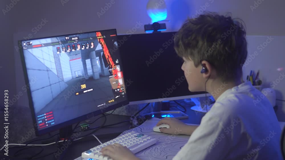 Young gamer boy playing an online shooter game on a dual-monitor setup in a dark room with LED lighting. Young gamer boy playing an online shooter game on a dual-monitor setup in a dark room with LED lighting.