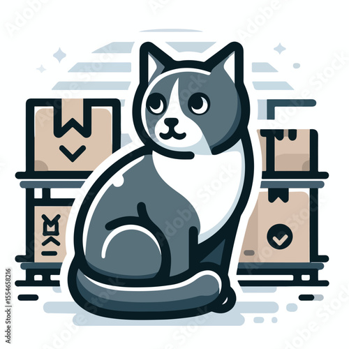image of a cat guarding a warehouse with a simple and minimalist flat design using a white background