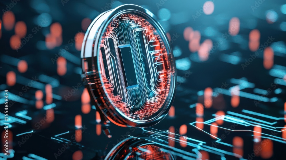 Fototapeta premium A coin with a computer chip on it is shown on a blue background