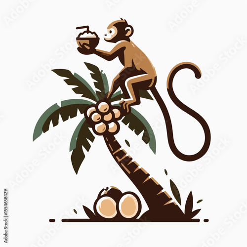 Image of a monkey picking coconuts on a coconut tree with a simple and minimalist flat design using a white background