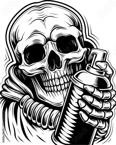 SVG of an urban gangster skeleton with a bold skull design in street style. 
 Detailed Vector Skeleton Holding Spray Paint Can in Graffiti Style