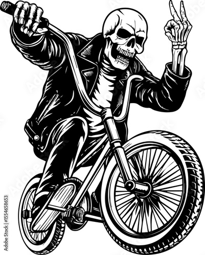 SVG of an urban gangster skeleton with a bold skull design in street style. 
 Detailed Vector Illustration of Skeleton Riding Bicycle in Leather Jacket