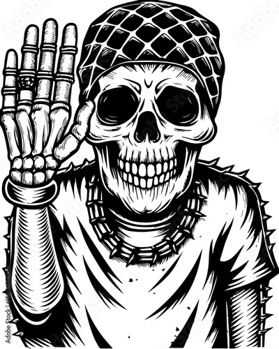 SVG of an urban gangster skeleton with a bold skull design in street style. 
 Urban Skeleton Artist with Hand Gesture in Detailed Vector Style