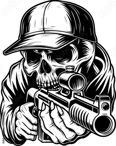 SVG of an urban gangster skeleton with a bold skull design in street style. 
 Detailed Vector Art of Urban Archer Skeleton Character with Gun