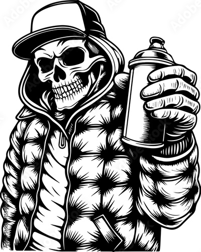 SVG of an urban gangster skeleton with a bold skull design in street style. 
 Oversized Urban Skeleton with Spray Can for Street Art Style