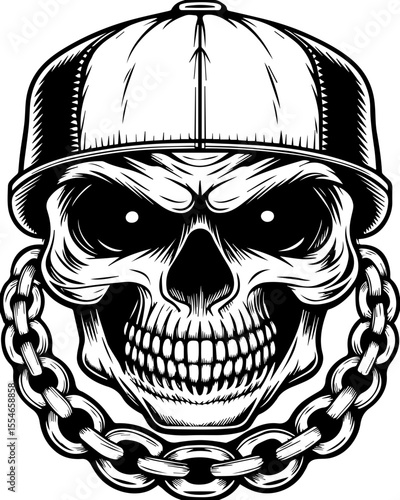 SVG of an urban gangster skeleton with a bold skull design in street style. 
 Monochrome Skull Design with Snapback Hat and Gold Chain Accents